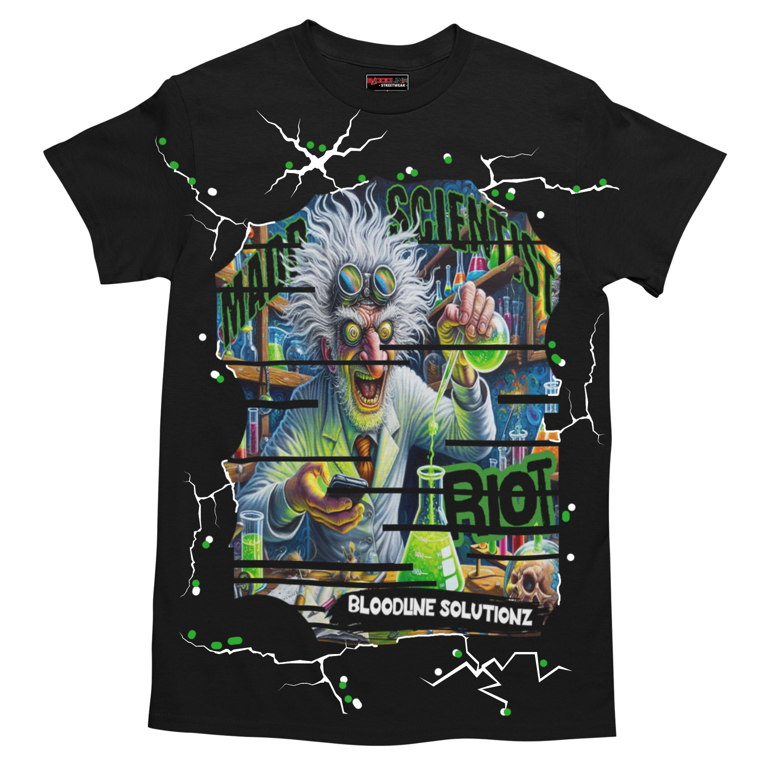 a scientist in the lab thinking of ways to succeed, on a black tshirt