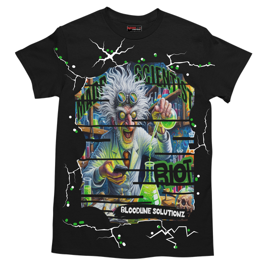 a scientist in the lab thinking of ways to succeed, on a black tshirt