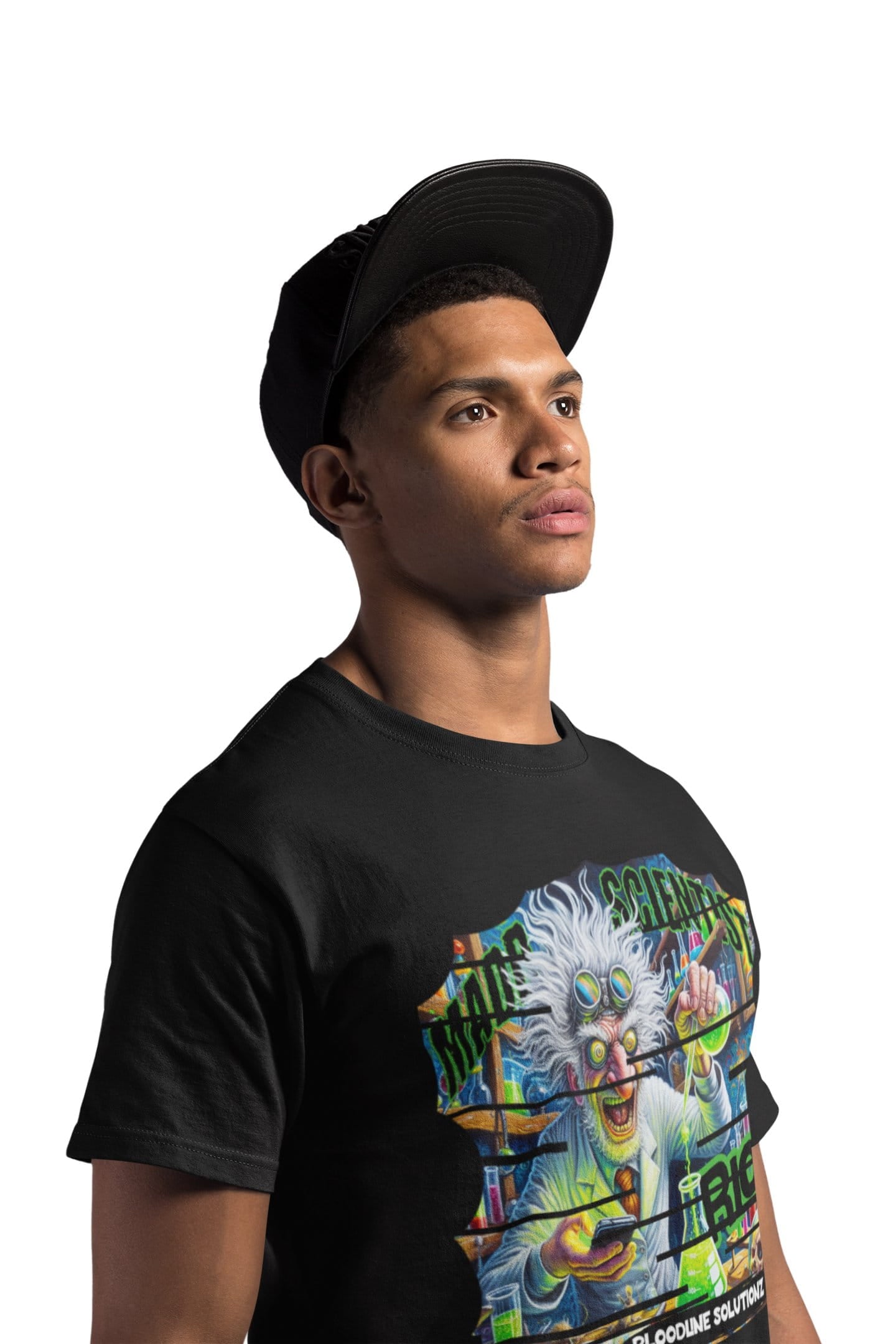 Man wearing a black t-shirt with a colorful graphic design on a white background