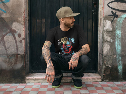 Man sitting against a graffiti-covered wall wearing a black t-shirt with a graphic design.