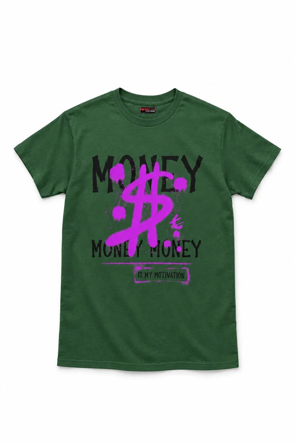 A green short-sleeve t-shirt with a graphic print on the front featuring a black dollar sign and the words 'MONEY' and 'MONEY MOKEY' in black, accented with a bright pink graphic and text.