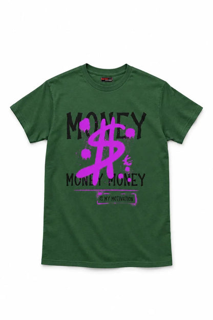 A green short-sleeve t-shirt with a graphic print on the front featuring a black dollar sign and the words 'MONEY' and 'MONEY MOKEY' in black, accented with a bright pink graphic and text.