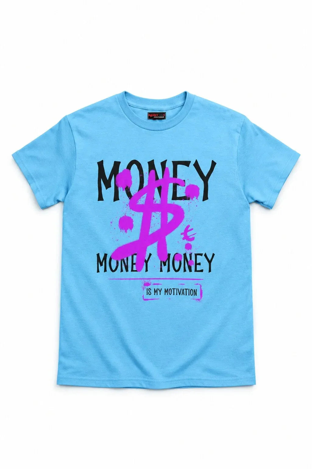 A light blue short-sleeve t-shirt with a graphic print on the front featuring the text 'MONEY MONEY' in black and a large pink dollar sign, with a small pink box below reading 'IS MY MOTIVATION'.