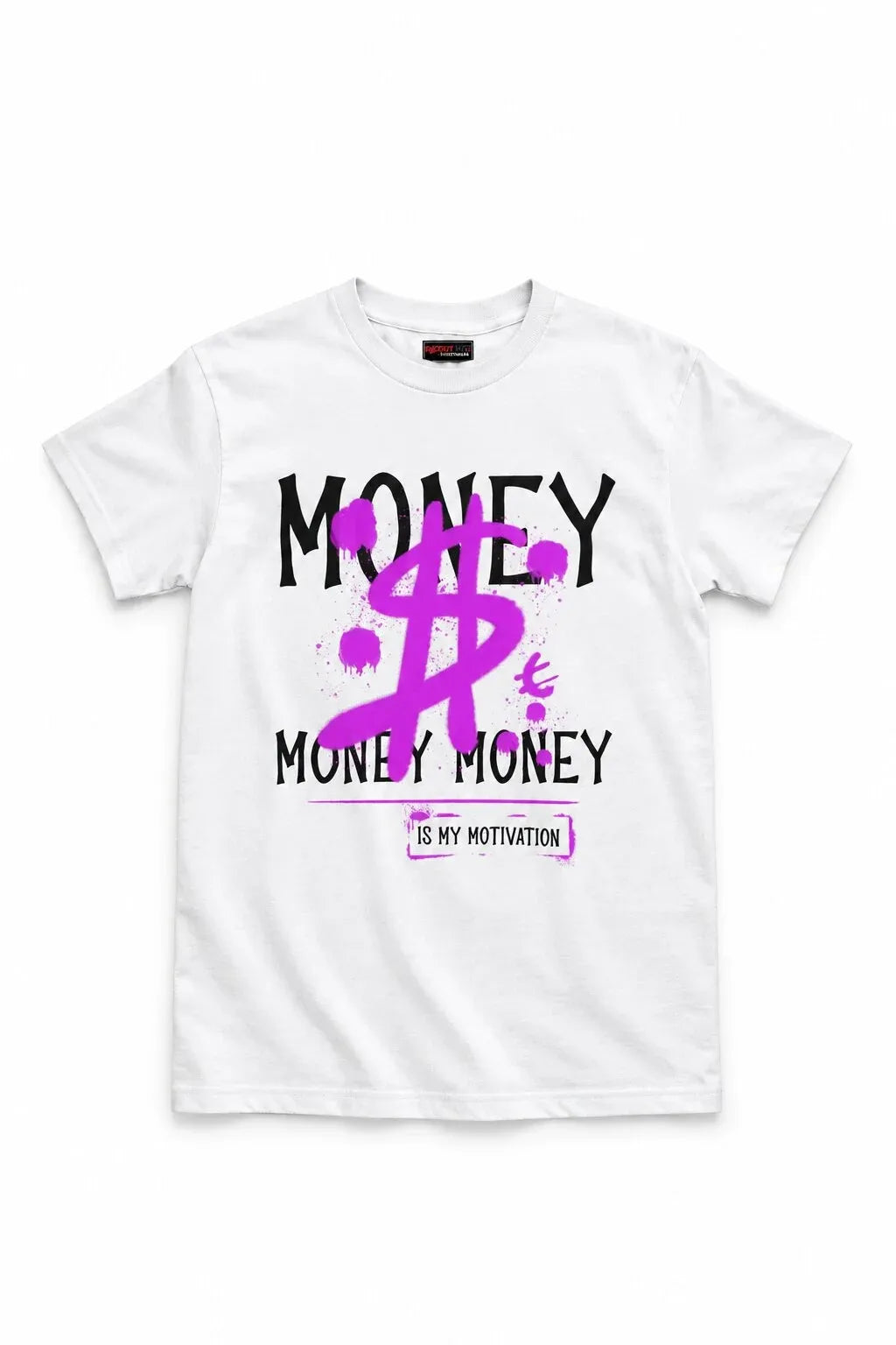 A white short-sleeve crewneck t-shirt with a graphic print on the front. The design features the word 'MONEY' in black distressed font, a large purple dollar sign overlay, 'MONEY MONEY' in black below, and a small purple label at the bottom that reads 'IS MY MOTIVATION'.