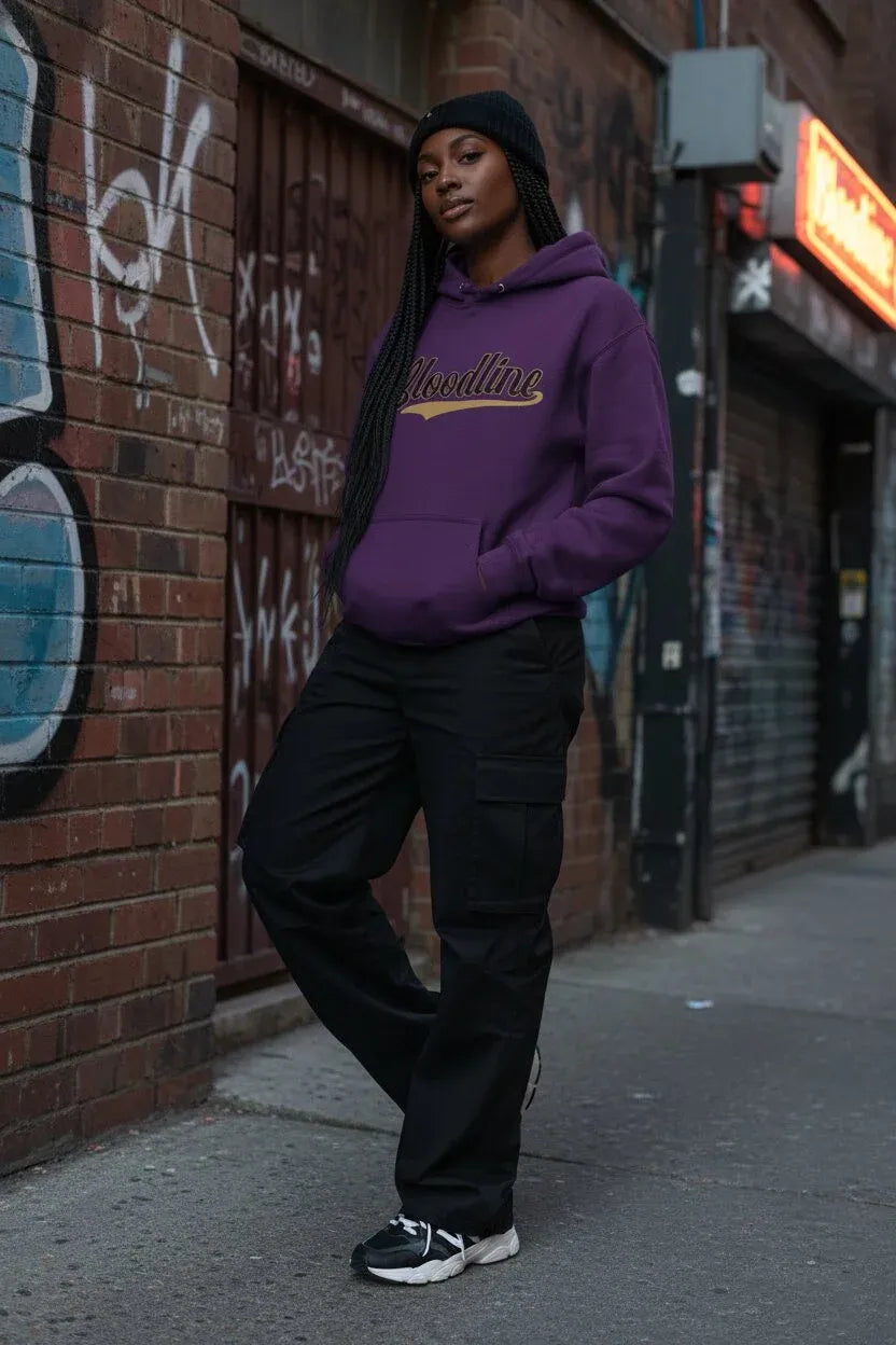 A person standing on a city sidewalk in front of a brick wall with graffiti, wearing a purple hoodie with gold lettering, black pants, a black beanie, and black sneakers.