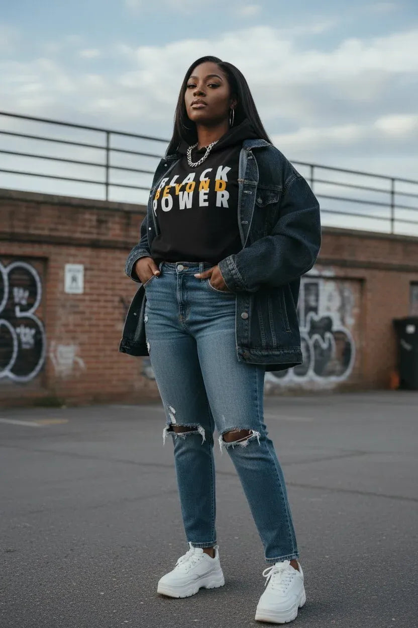 A woman stands outdoors wearing a black graphic hoodie with yellow and white text, a dark denim jacket, distressed blue jeans, and white sneakers. The background shows a brick wall with graffiti and a cloudy sky.