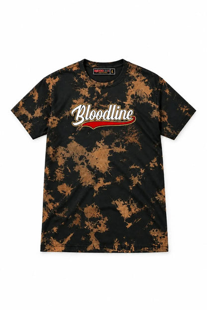 A short-sleeve crewneck t-shirt featuring a black and brown tie-dye pattern, with 'Bloodline' printed across the chest in white script with a red underline.