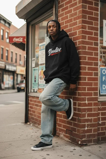 A man wearing a black hoodie with a white and red 'Bloodline' graphic, light blue jeans, and black sneakers leans against a red brick corner building on a city street.
