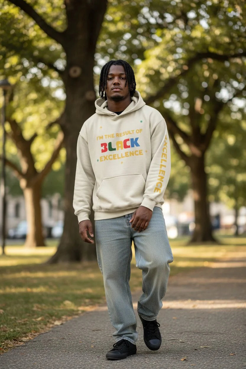 A man walking on a tree-lined path wearing a cream-colored hoodie with 'BLACK Excellence' printed in colorful letters on the front, paired with light blue jeans and black sneakers.