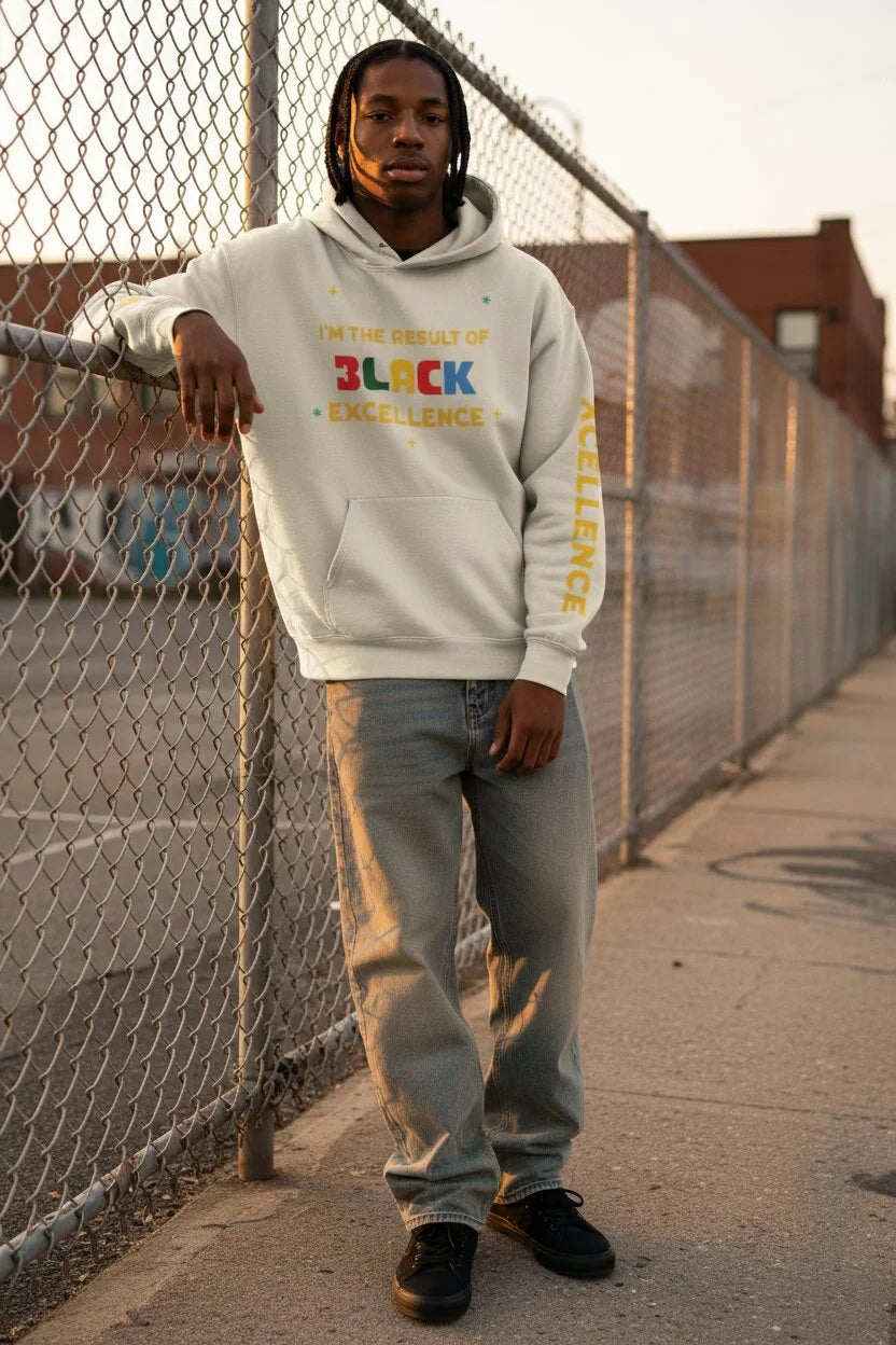 A man stands outdoors next to a chain-link fence wearing a cream-colored hoodie with a colorful graphic that reads 'I'M THE RESULT OF BLACK EXCELLENCE' and 'EXCELLENCE' printed down the sleeve, paired with gray jeans and black sneakers.