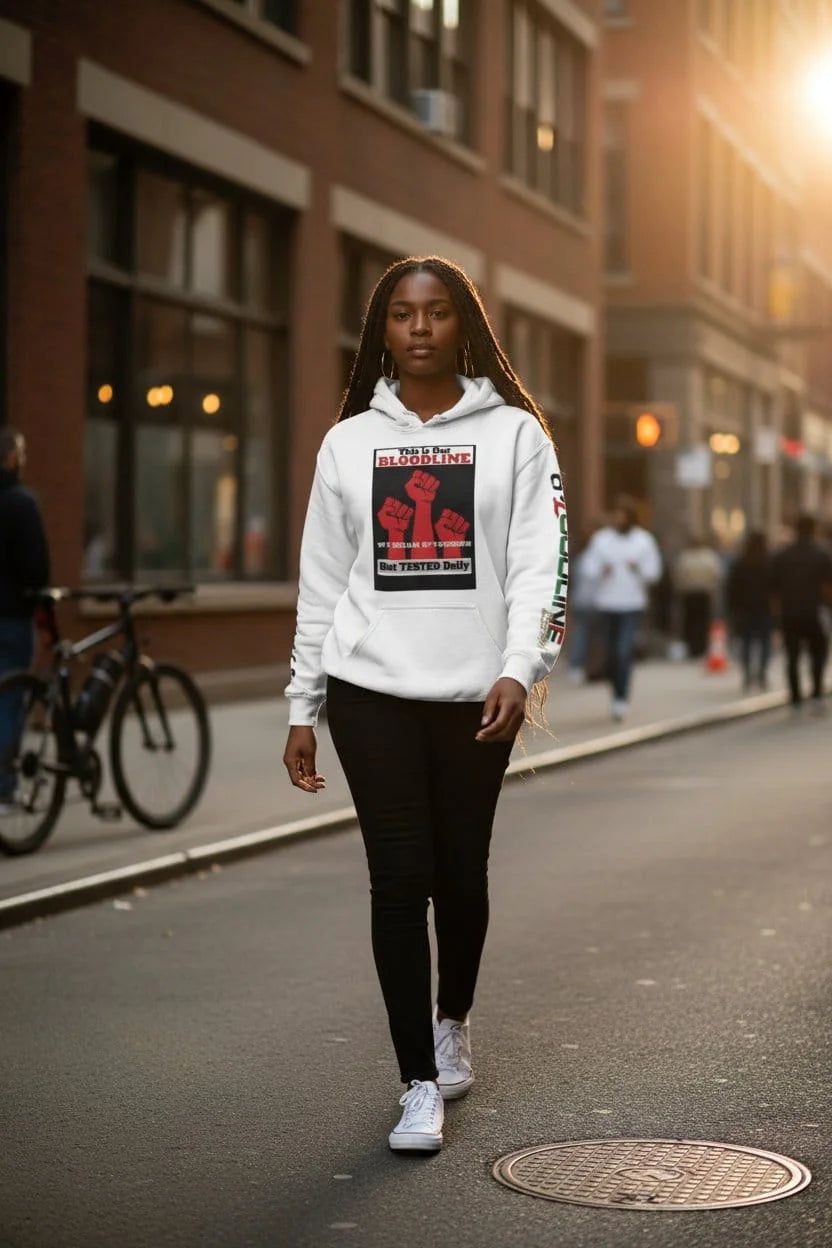Person wearing a white hoodie with a graphic design on a city street
