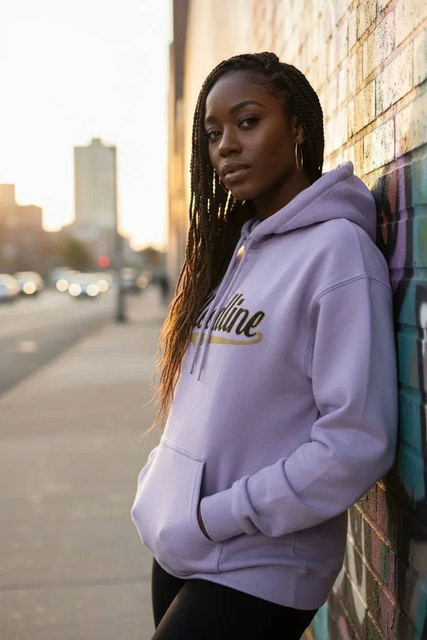 A woman with long braids leans against a brick wall on a city sidewalk at sunset, wearing a light lavender hoodie with 'The Villaine' printed in black and gold across the chest.