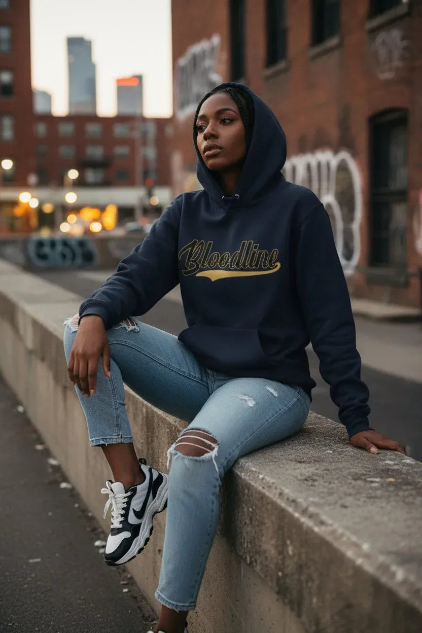 A woman wearing a navy blue hoodie with a gold and white 'Woodlinc' graphic sits on a concrete barrier in an urban outdoor setting.