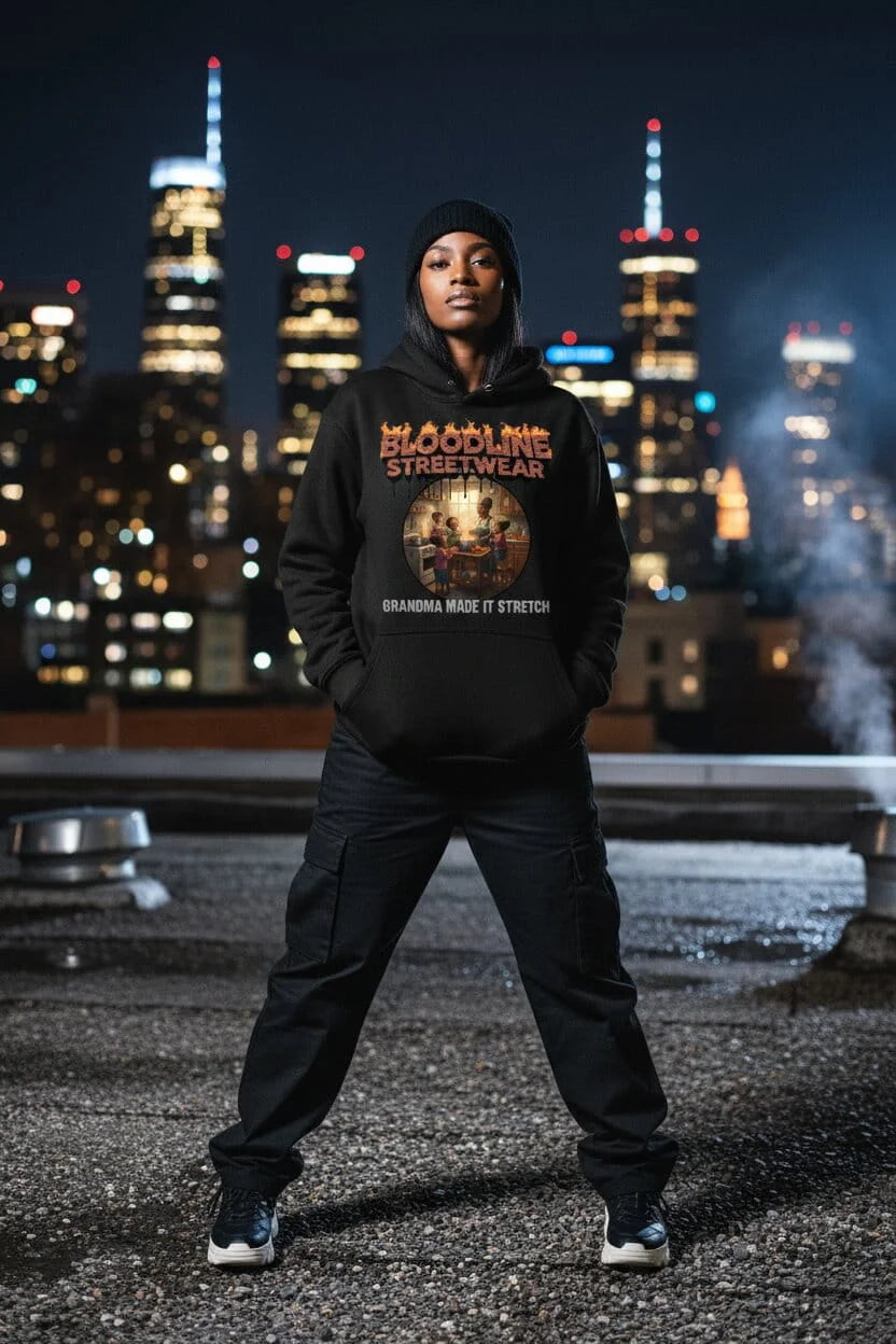 Person wearing a black hoodie with 'Bloodline Streetwear' design against a city skyline at night.