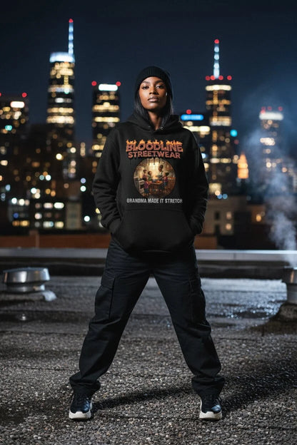 Person wearing a black hoodie with 'Bloodline Streetwear' design against a city skyline at night.