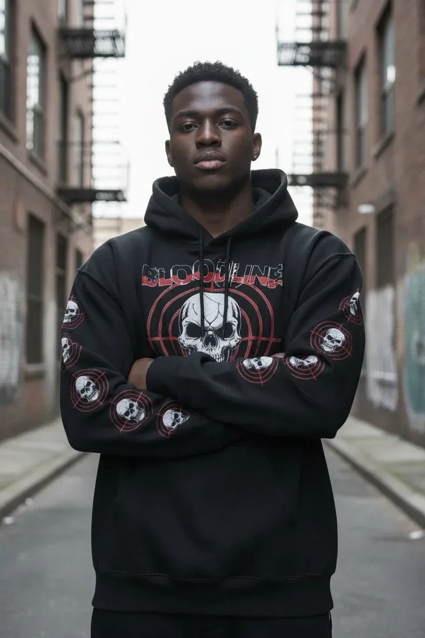 A man wearing a black pullover hoodie with a red and white skull graphic and 'BLOODY DEVILS' text on the chest, standing in an urban alleyway.