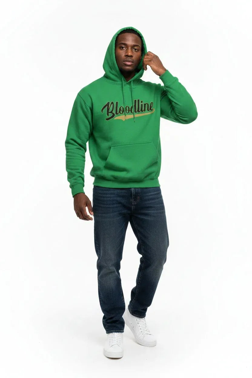 A man wearing a bright green Bloodline pullover hoodie with a black and gold graphic logo on the chest, paired with dark blue jeans and white sneakers, standing against a plain white background.