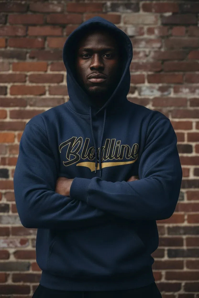 A man wearing a navy blue hoodie with 'Bloodline' printed in gold across the chest, standing with arms crossed in front of a brick wall.