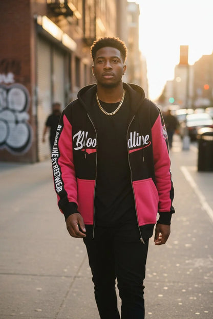 Man wearing a black and pink jacket with text on a city street