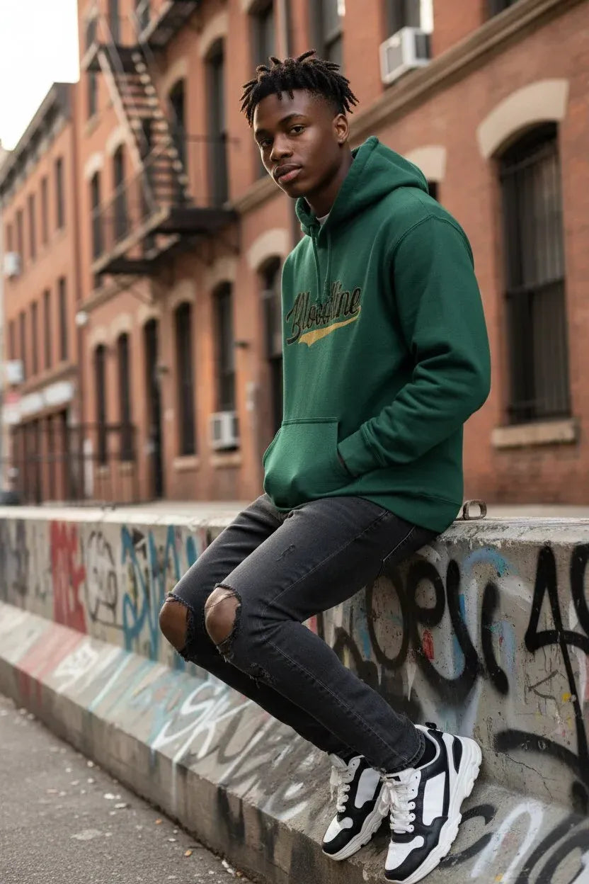 A man wearing a forest green hoodie with a gold and white graphic, black ripped jeans, and black and white sneakers, sitting on a graffiti-covered concrete ledge in front of brick apartment buildings.