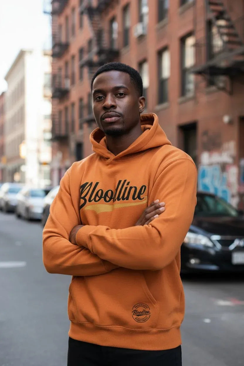 A man wearing an orange hoodie with 'Bloolline' printed across the chest, standing on a city street with brick buildings in the background.