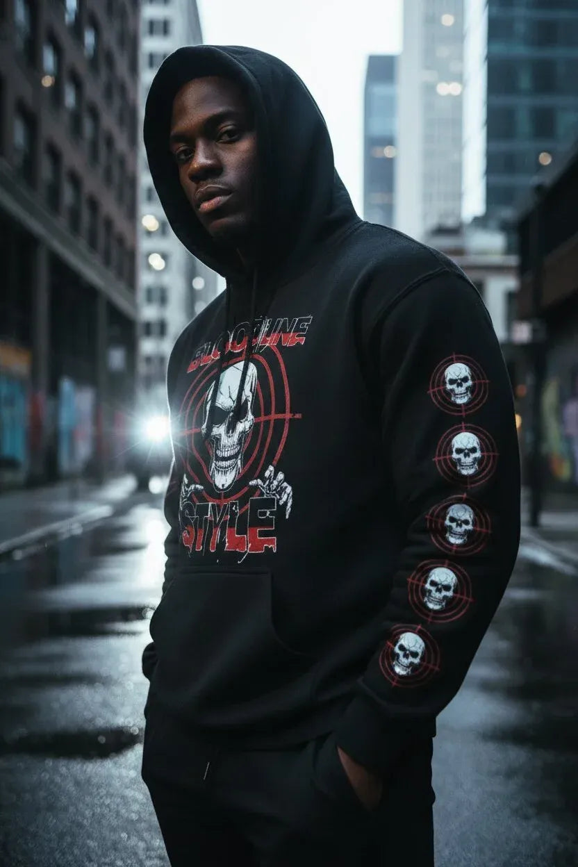 A man wearing a black graphic hoodie with red and white designs on the front and a row of skull graphics on the sleeve, standing in a wet city street.