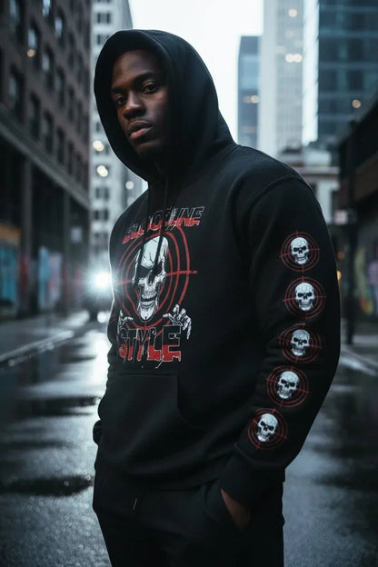 A man wearing a black graphic hoodie with red and white designs on the front and a row of skull graphics on the sleeve, standing in a wet city street.