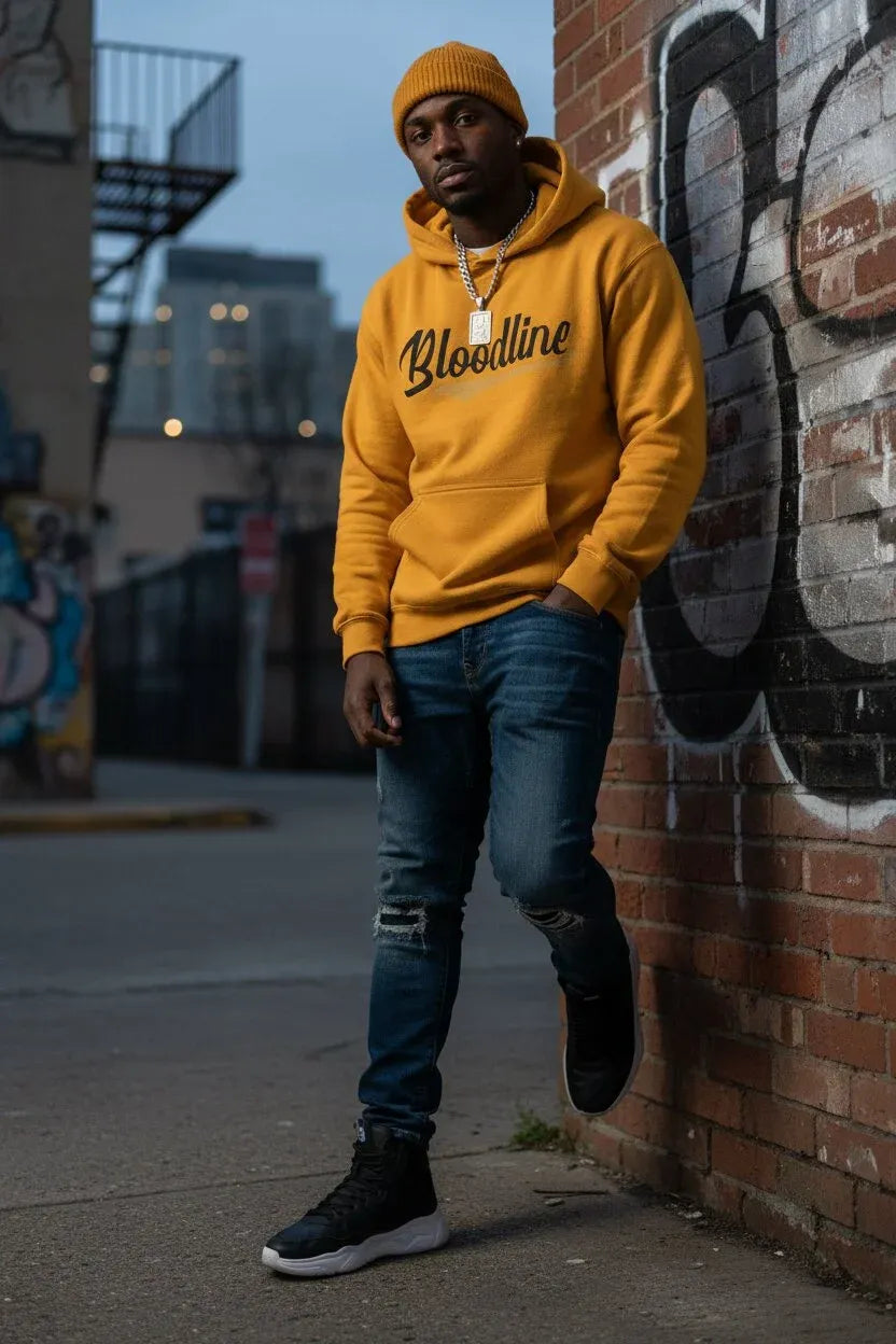 A man wearing a mustard yellow hoodie with 'Bloodline' printed in black script across the chest, blue jeans, and a matching yellow beanie leans against a brick wall on an urban sidewalk.