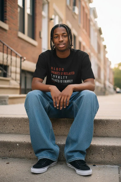 A man sitting on concrete steps in front of brick townhouses, wearing a black graphic t-shirt with red and white text, blue jeans, and black sneakers.