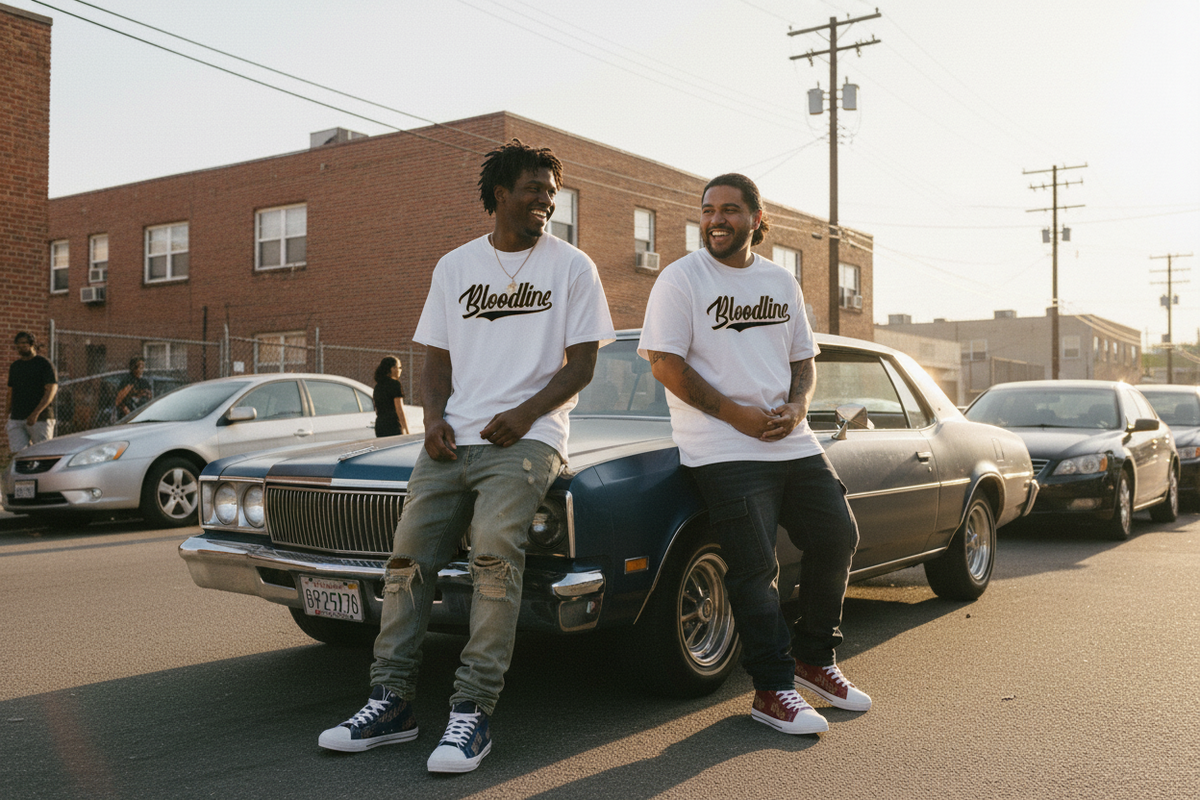 Two men wearing matching white t-shirts with 'Bloodline' printed in black script, posing on the front of a classic blue car on a city street during golden hour.