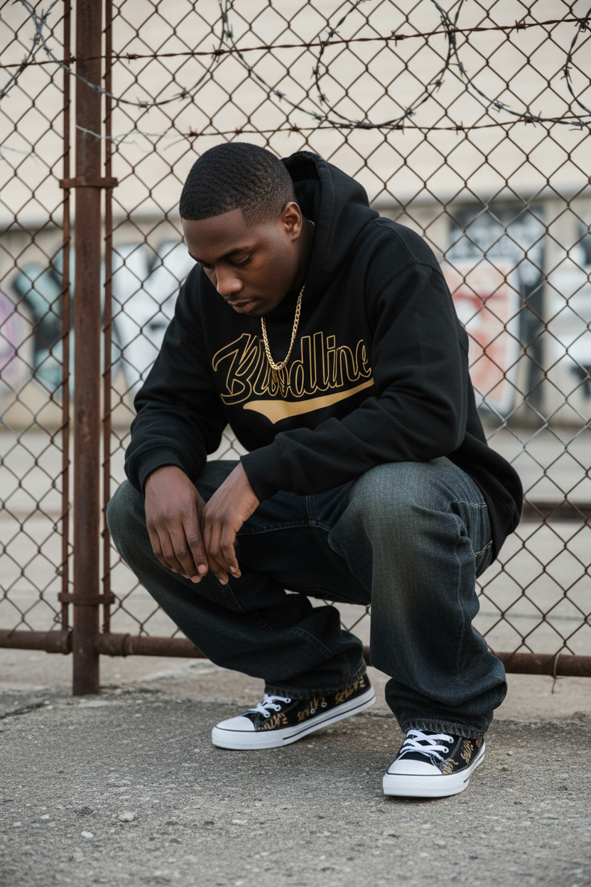 A man crouching in front of a chain-link fence wearing a black hoodie with gold 'Bullline' lettering, dark gray jeans, and black Converse sneakers with gold patterned details.