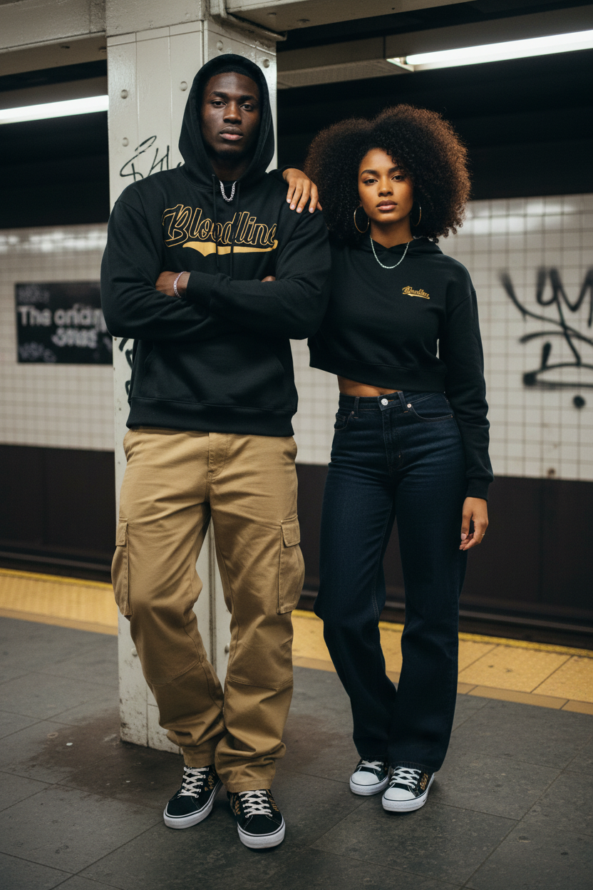 Two models posing in a subway station. The man wears a black graphic hoodie with 'Billions' in gold, paired with tan cargo pants and black sneakers.