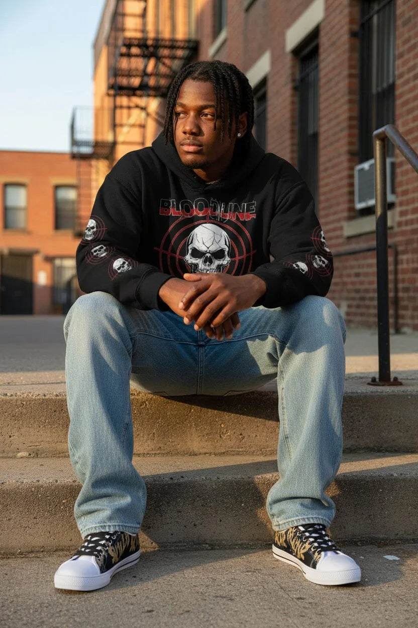 A man sits on concrete steps outdoors in front of brick buildings, wearing a black Bloodline hoodie with a skull graphic, light blue jeans, and black-and-white sneakers.