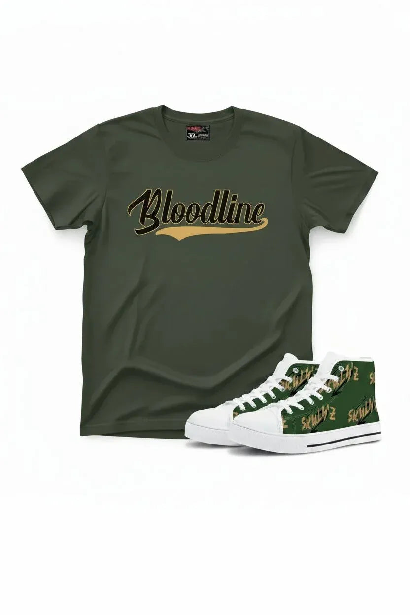 An olive green t-shirt with 'Bloodline' printed in black and gold across the chest, displayed alongside a pair of white high-top sneakers with green and gold camo-patterned uppers and green laces.