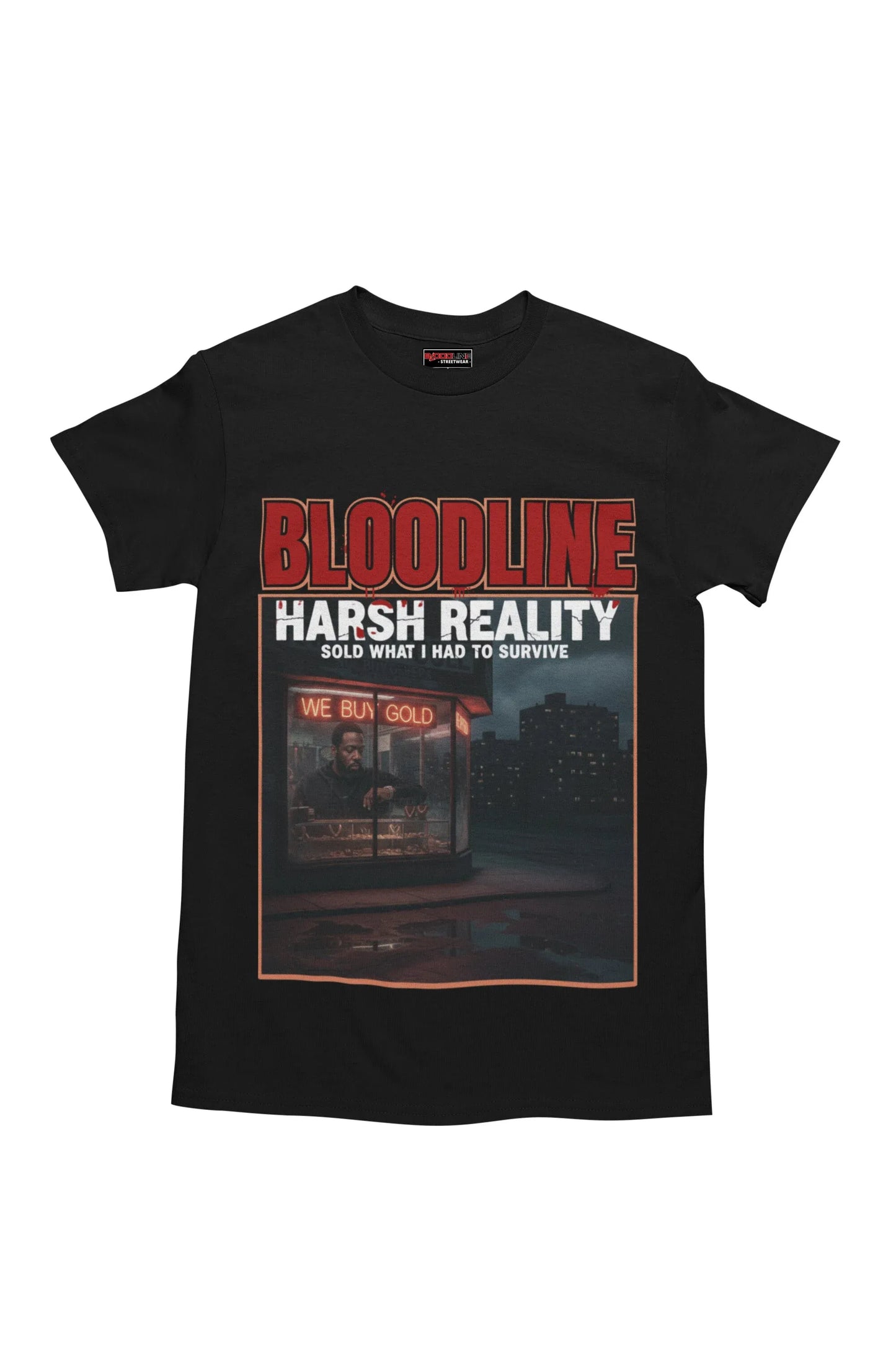 Black t-shirt with 'Bloodline Harsh Reality' graphic design on a white background