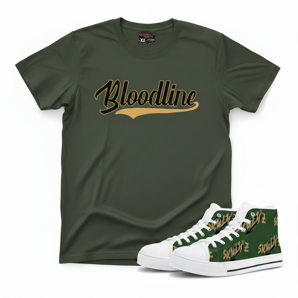 An olive green short-sleeve t-shirt with 'Bloodline' printed across the chest in black and gold, shown alongside a pair of white high-top sneakers with green and gold patterned uppers, on a plain white background.