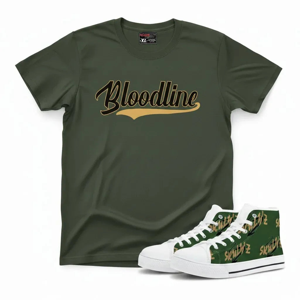 An olive green short-sleeve t-shirt with 'Bloodline' printed across the chest in black and gold, shown alongside a pair of white high-top sneakers with green and gold patterned uppers, on a plain white background.
