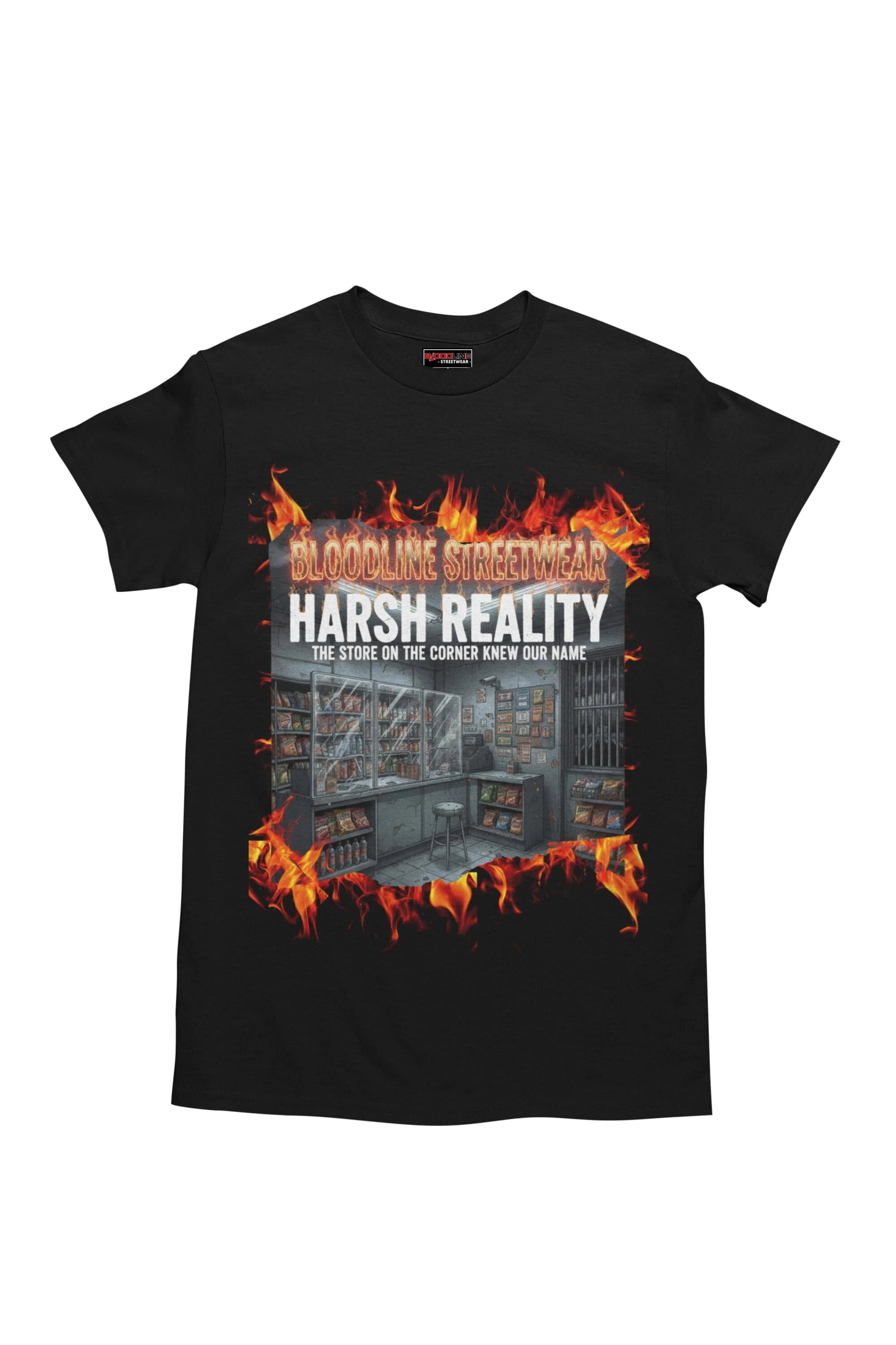 Black t-shirt with graphic design and text on a white background