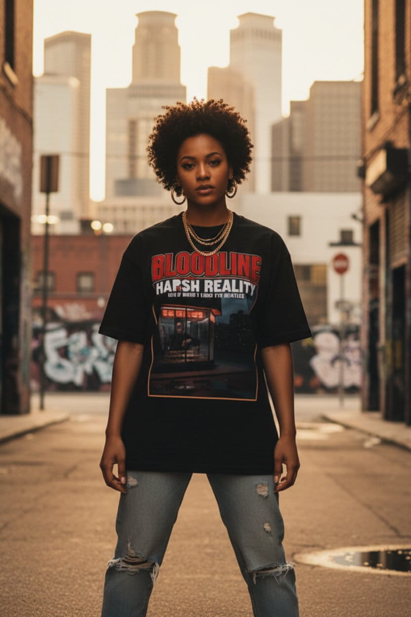 Person wearing a graphic t-shirt on a city street with tall buildings in the background