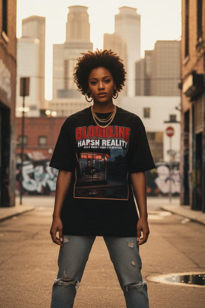 Person wearing a graphic t-shirt on a city street with tall buildings in the background