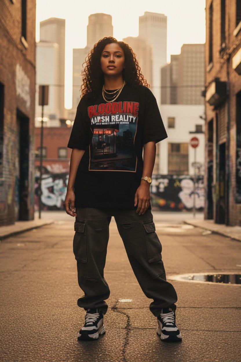 Person wearing a graphic t-shirt in an urban alleyway with city skyline in the background