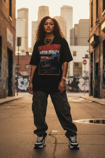 Person wearing a graphic t-shirt in an urban alleyway with city skyline in the background