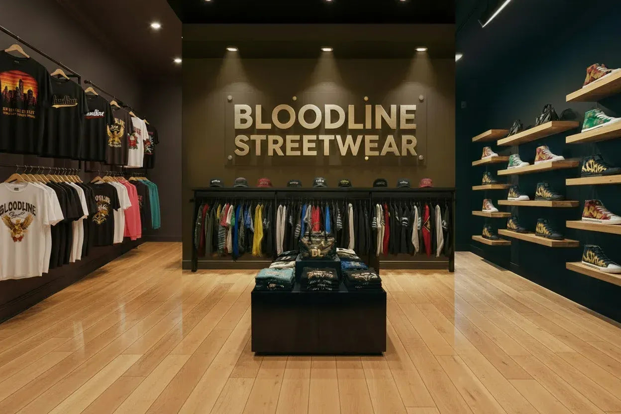 Store interior with 'Bloodline Streetwear' branding and clothing displays.