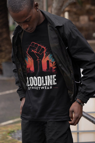 Person wearing a black t-shirt with 'Bloodline Streetwear' design outdoors.