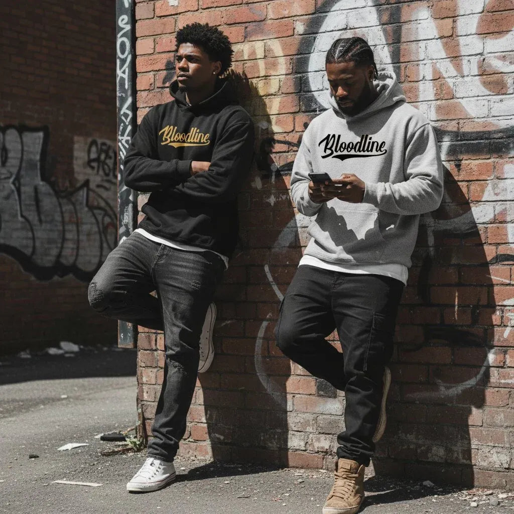 Two individuals wearing 'Bloodline' hoodies leaning against a graffiti-covered wall.
