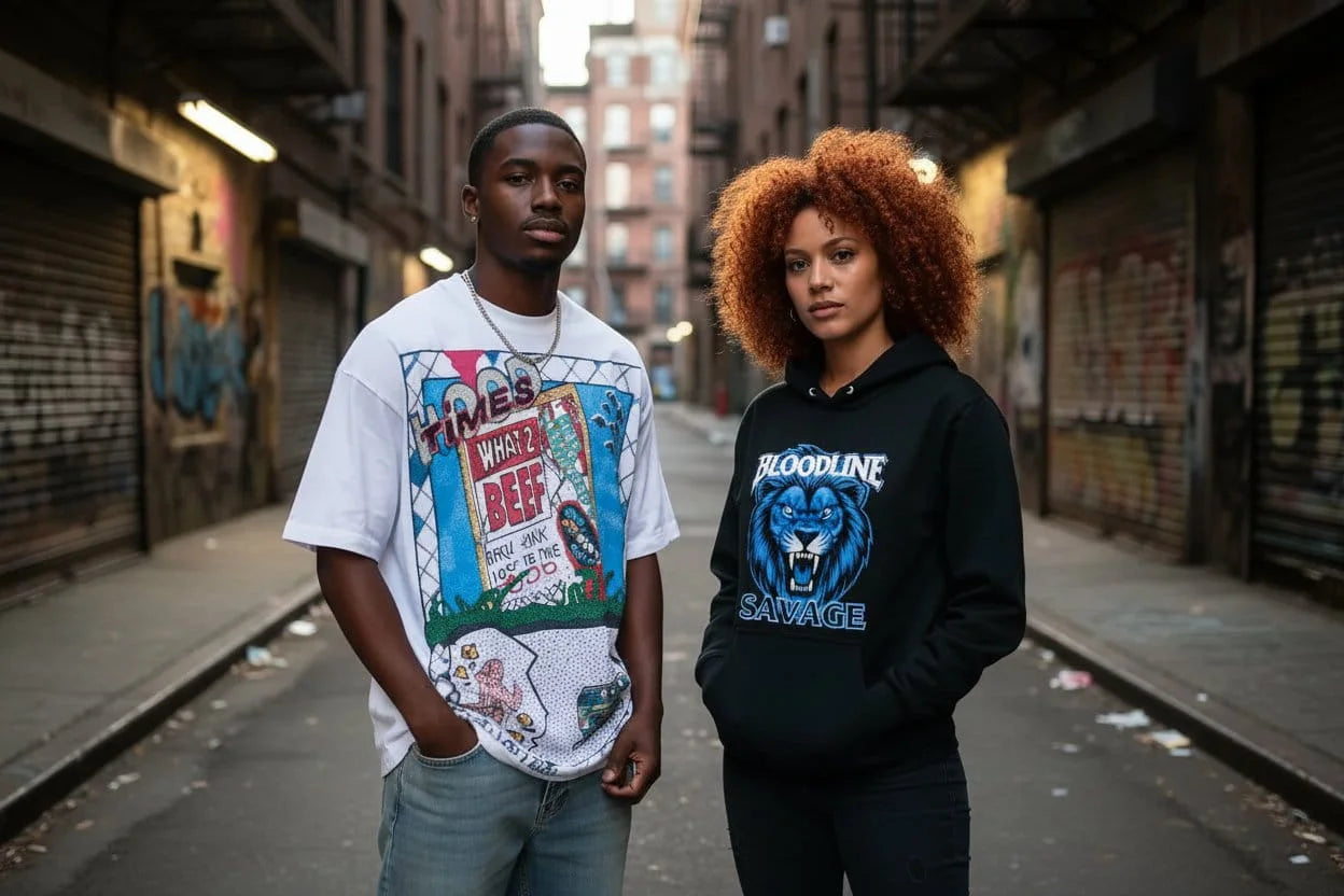 Two people standing on a street with urban graffiti in the background