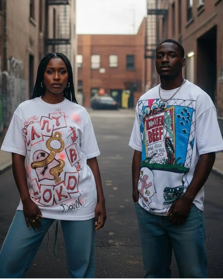 Two people wearing graphic t-shirts standing on a street.