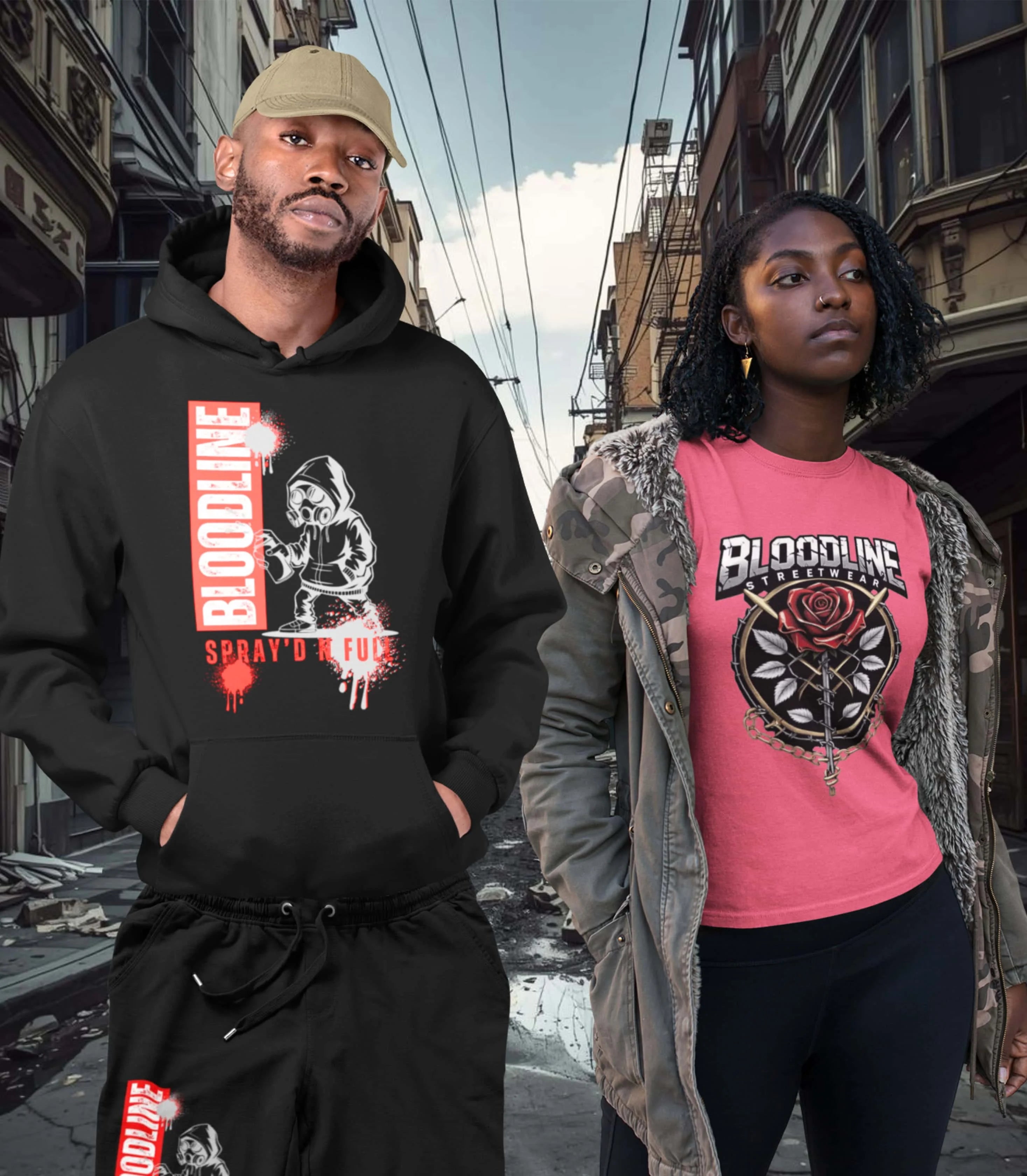 Two people wearing 'Bloodline' branded hoodies and t-shirt in an urban setting.