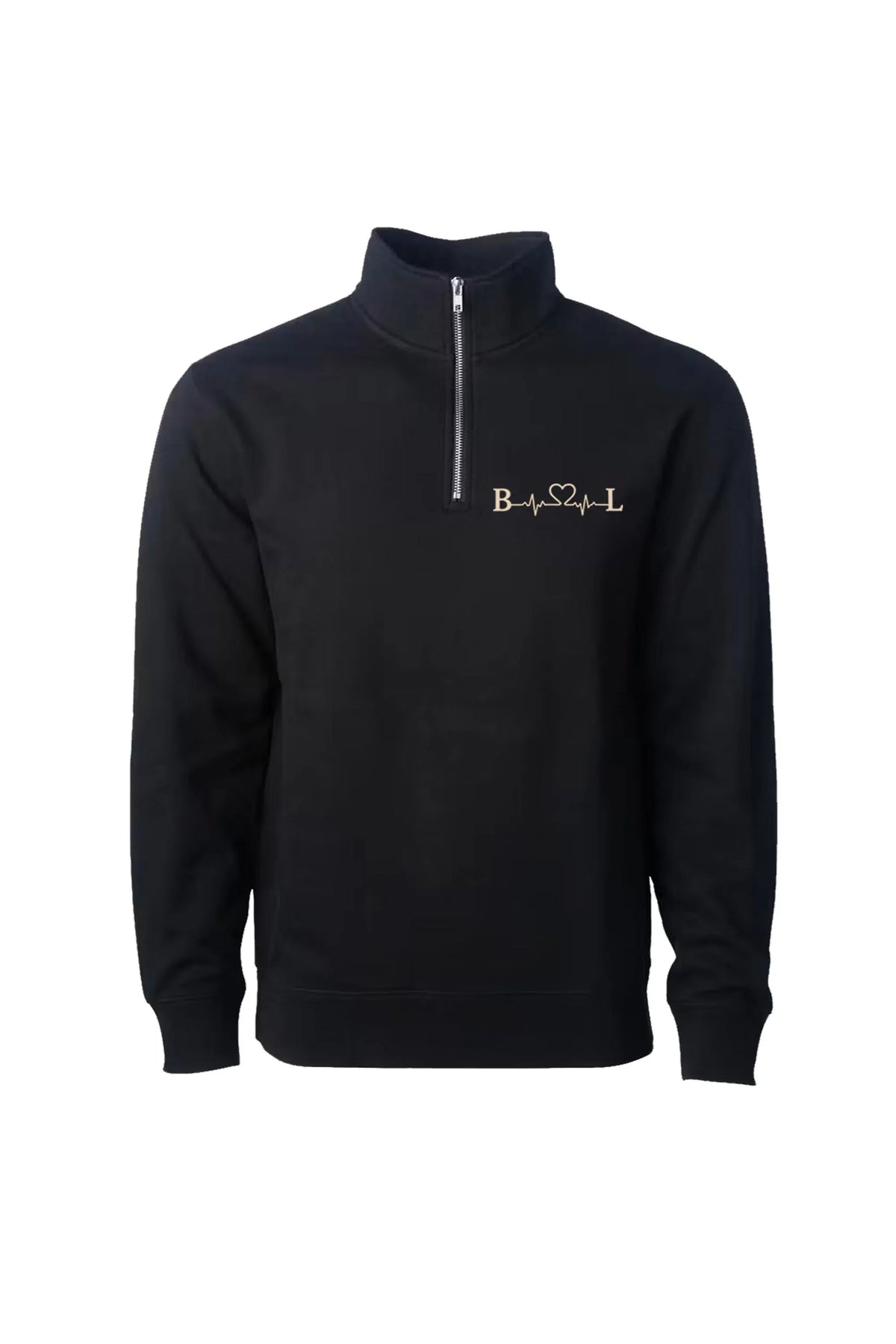 A black long-sleeve quarter-zip sweatshirt with a mock neck collar, featuring a gold embroidered 'B❤♥L' logo on the left chest, displayed on a clean white background.