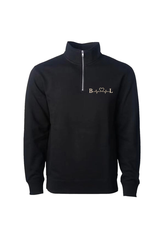 A black long-sleeve quarter-zip sweatshirt with a mock neck collar, featuring a gold embroidered 'B❤♥L' logo on the left chest, displayed on a clean white background.
